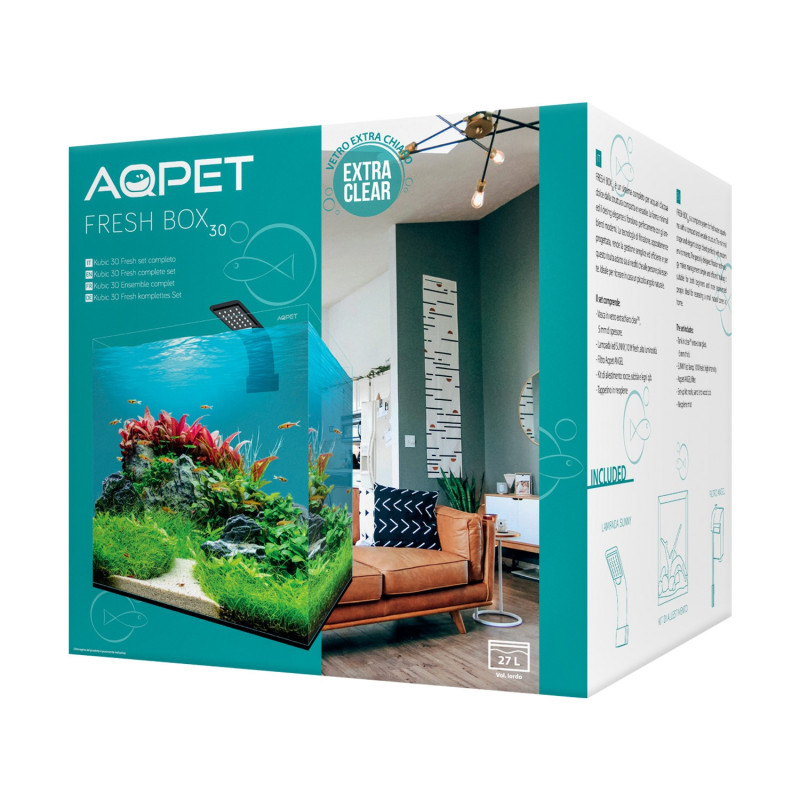 Aqpet Kubic Fresh Box 30 - Acquario in vetro extrachiaro 27 lt completo di  filtro a zainetto, luce led, sabbia, legno e rocce